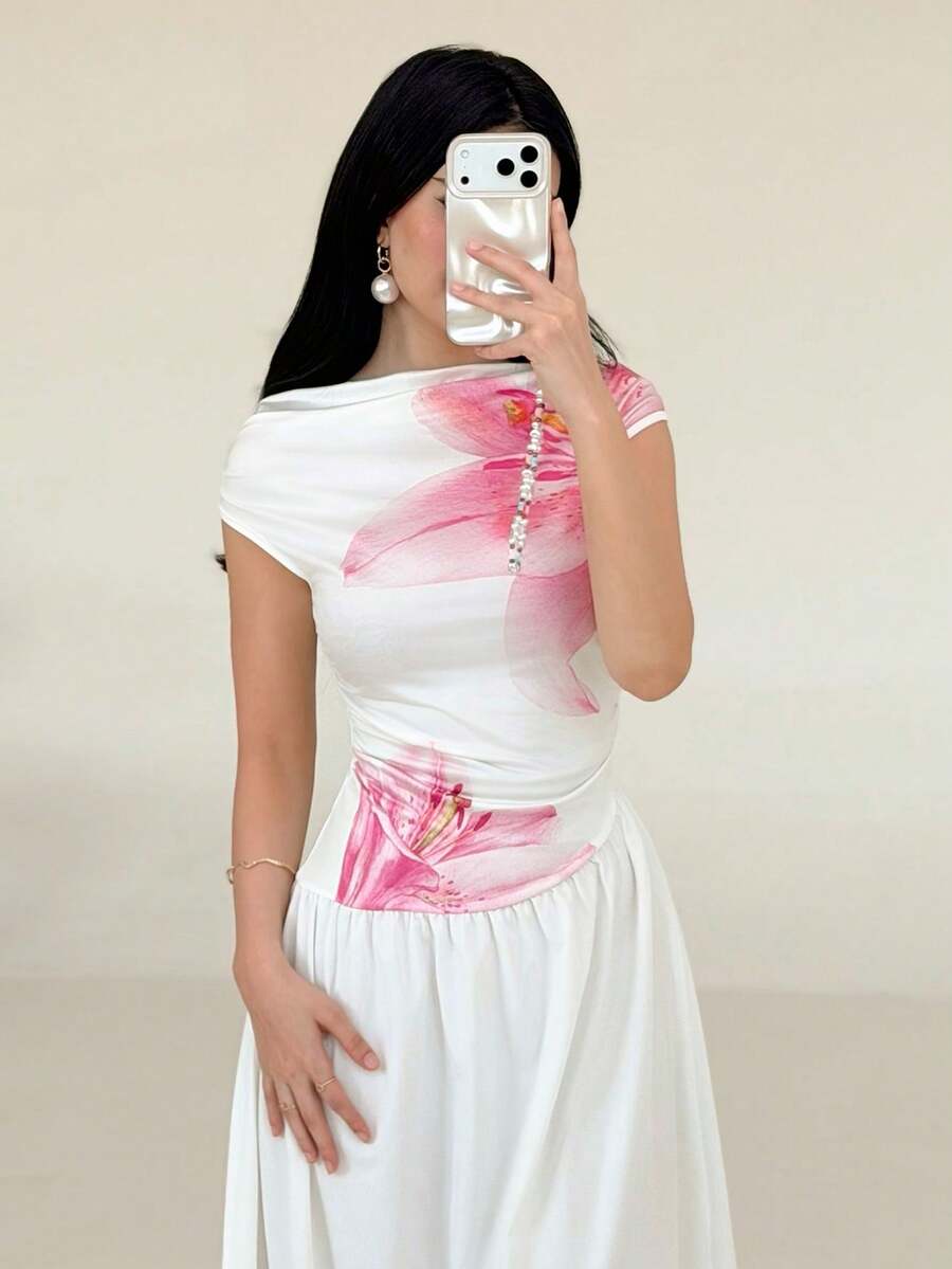 Yasmeen Edit Yasmeen Edit Women's Elegant Off Shoulder Floral Print Vacation Dress White Summer - White - View 1