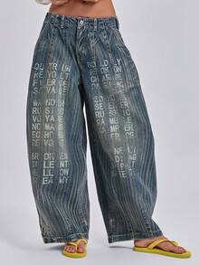ACID BLVD Colossus Jeans 休閒街頭風復古水洗褪色字母紋理寬鬆牛仔長褲，適合夏季、秋季、冬季 - 深色水洗藍 - 查看 1