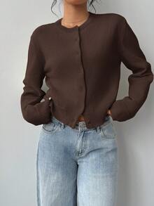 SHEIN Tall CURVE 大尺碼女款休閒純色圓領長袖寬鬆短版開襟針織外套 - 棕色 - 查看 4
