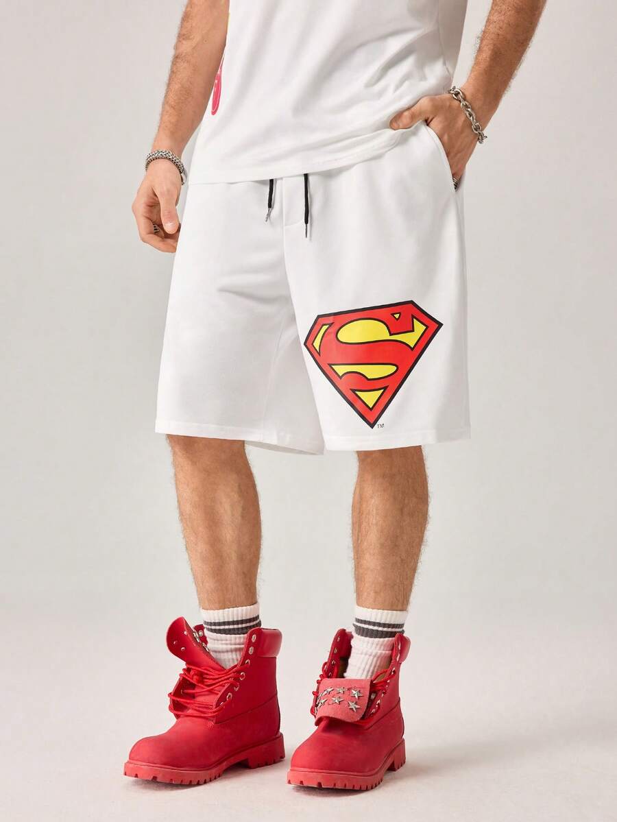 Strevion SUPERMAN Men's Loose Superhero Graphic Print Casual Sports Shorts, Summer - White - View 1