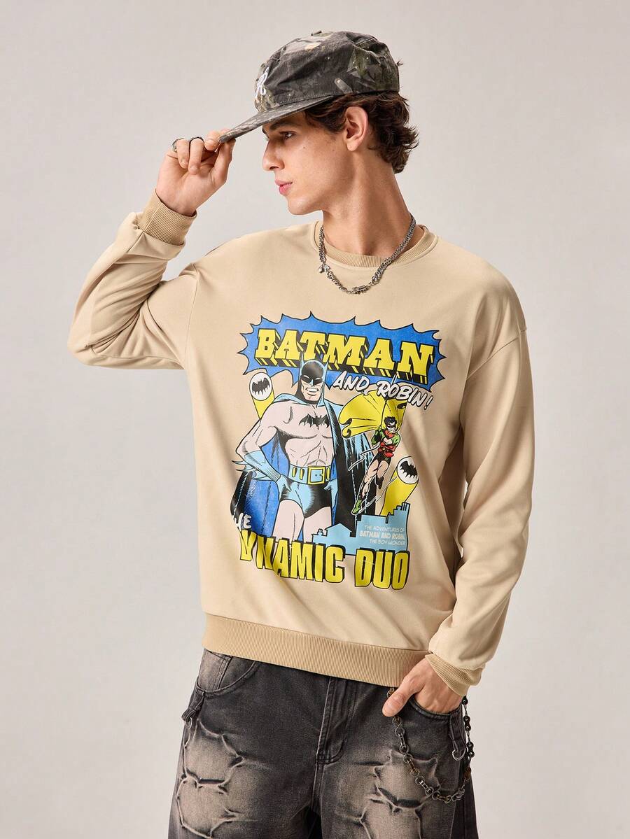 Strevion BATMAN 男士休闲蝙蝠侠字母印花圆领长袖卫衣,适合春秋季穿着 - 杏色 - 查看 1