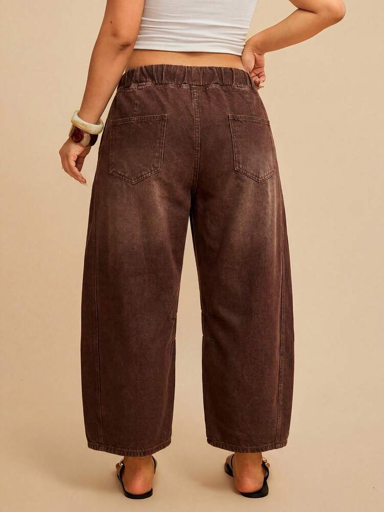 Travachic Plus Size Women's Drawstring Waist Pocket Casual Everyday Denim Jeans Fall/Winter Elegant Vacation Formal Business Cowgirl Festival Ceremony - Brown - View 3