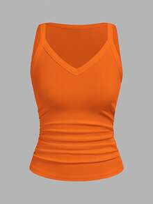 Slaydiva 2026 Primavera/Verano Nueva Llegada Casual Básico Versátil Blanco Liso Acanalado Cuello en V Espalda de Corredor Ga - Naranja - Ver 1