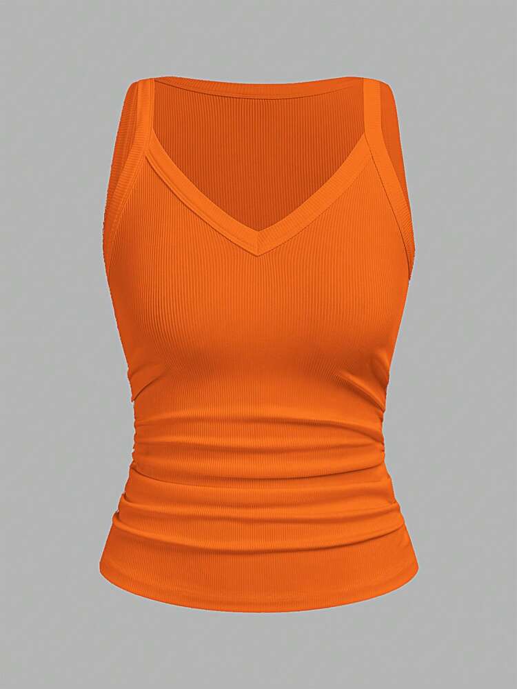 Slaydiva 2026 Spring/Summer New Arrival Casual Basic Versatile Solid White Ribbed V-Neck Racerback Ga - Orange - View 1