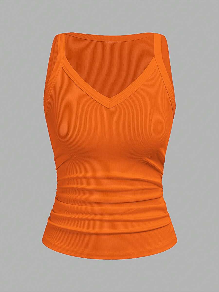 Slaydiva 2026 Primavera/Verano Nueva Llegada Casual Básico Versátil Blanco Liso Acanalado Cuello en V Espalda de Corredor Ga - Naranja - Ver 1