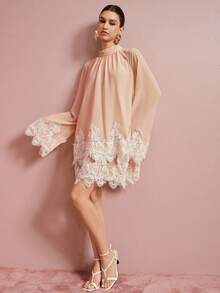 BELROSIE French Sweet Gentle Style Water-Soluble Lace Trim Patchwork Asymmetrical Hem Loose Pullover Cape-Style Elegant Long Sleeve Short Dress - Apricot - View 7