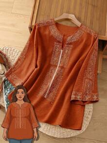 Rusticease 大尺碼女款休閒白色鏤空刺繡襯衫，秋季服飾 - 鏽棕色 - 查看 2