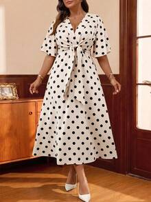 Auvina Plus Size Women's Elegant Daily Wear V-Neck Ruffle Short Sleeve Tie-Waist A-Line Maxi Dress - Multicolor - View 1