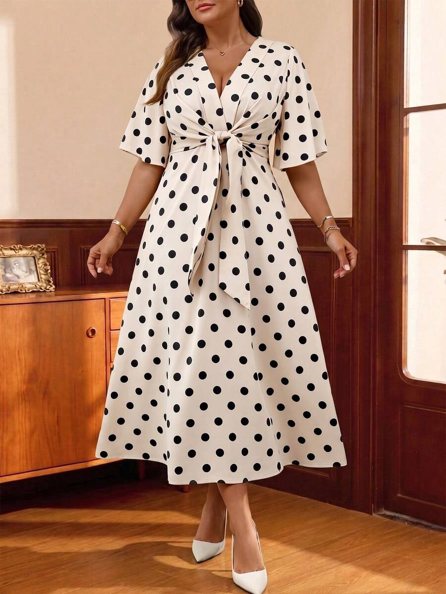 Auvina Plus Size Women's Elegant Daily Wear V-Neck Ruffle Short Sleeve Tie-Waist A-Line Maxi Dress - Multicolor - View 1