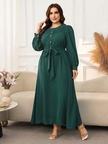 Lacomfia Plus Size Elegant Button Half-Placket Lace Patchwork Long Sleeve Dress - Green - View 3