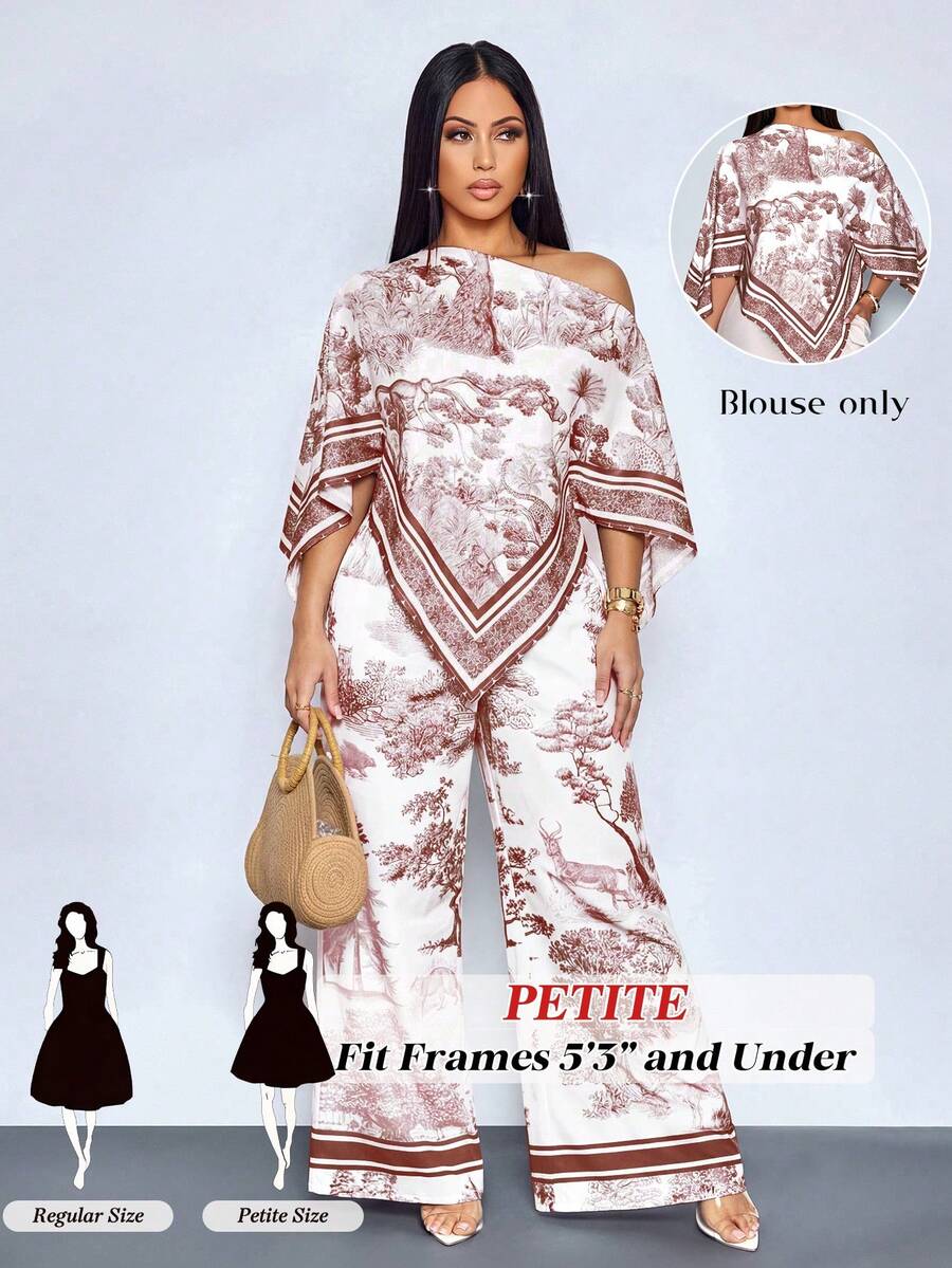 SHEIN PETITE 女款花卉印花不對稱領口不對稱下擺時尚襯衫 - 棕色 - 查看 1