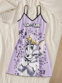 TOM & JERRY X SHEIN 女款字母愛心印花休閒細肩帶睡裙 - 紫色 - 查看 1
