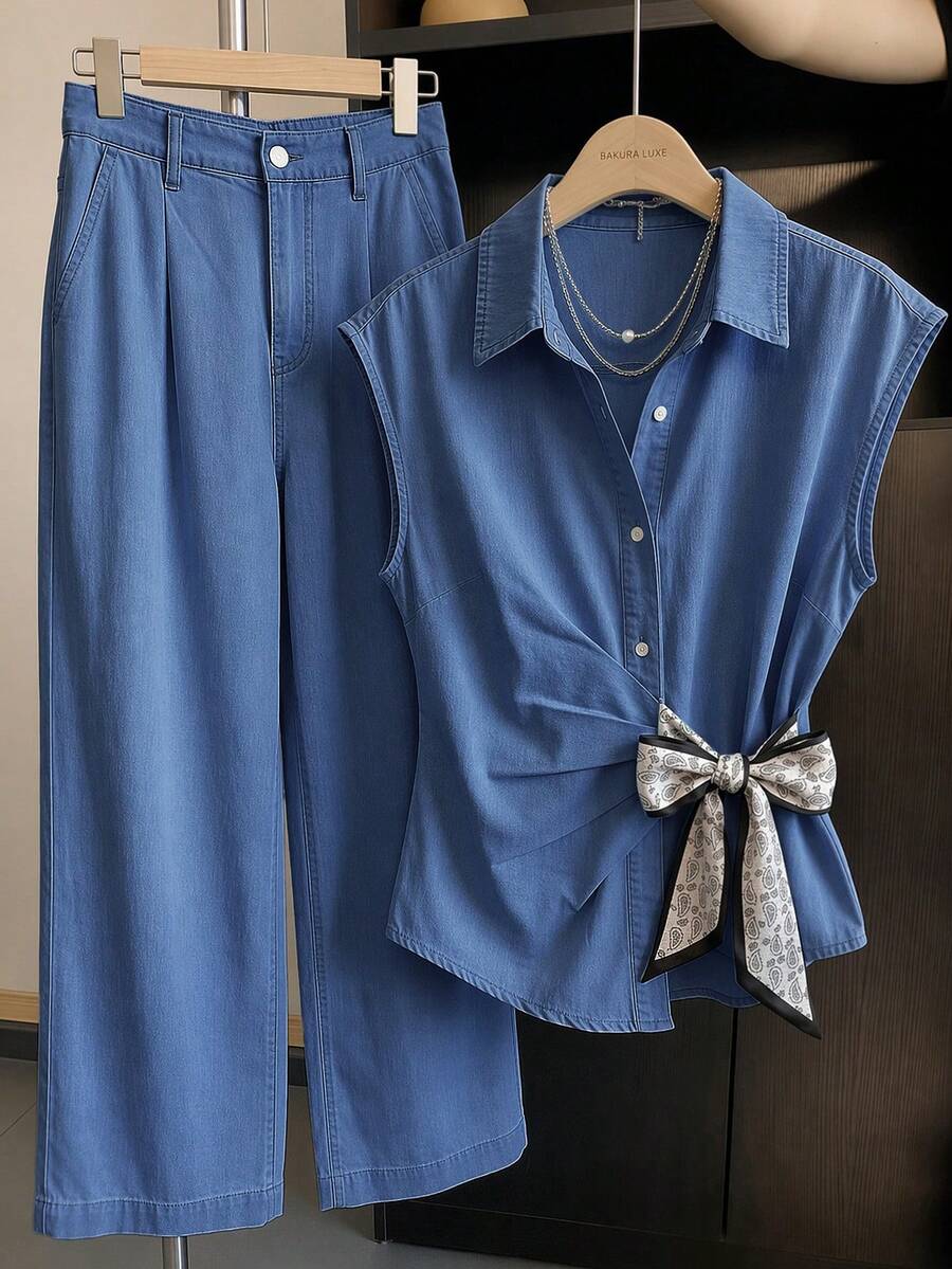 EMERY ROSE EMERY ROSE Women's Pleated Bowknot Strap Button Tank Top And Pocket Loose Long Pants Blue Set Brunch Summer French Casual