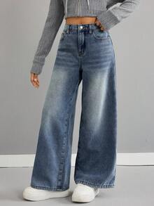 SHEIN Tween Girl Casual Versatile Kids Daily Wear Denim Jeans With Pockets And Buttons Autumn Winter - Medium Wash - View 7