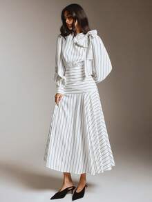 COSMINA Women's Casual French Modest Elegant And White Tie Decor Long Sleeve Dress, Office Tea Party Commute Outfit Teachers' Day Autumn Striped Dress - Black and White - View 1