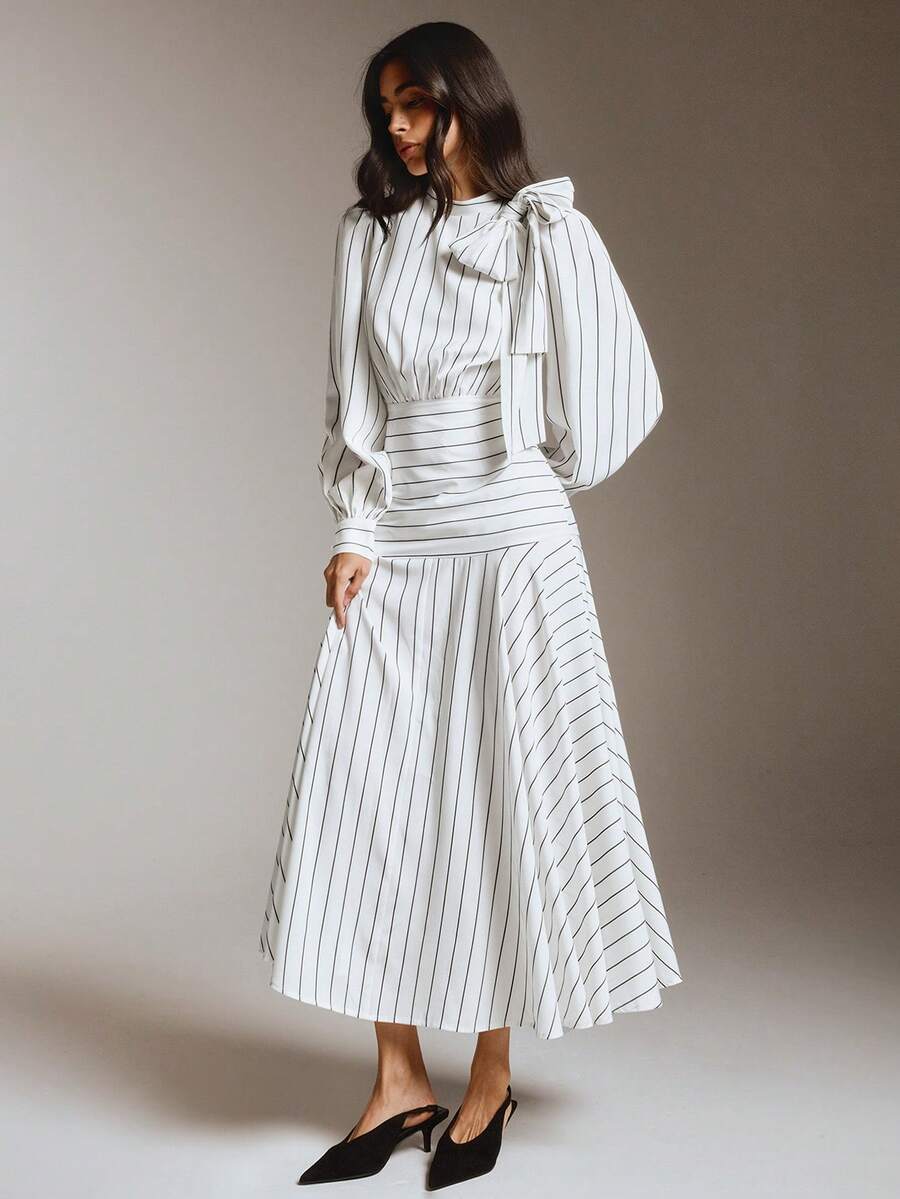 COSMINA Women's Casual French Modest Elegant And White Tie Decor Long Sleeve Dress, Office Tea Party Commute Outfit Teachers' Day Autumn Striped Dress - Black and White - View 1