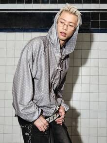 ROMWE MEN Street Life Men's Polka Dot Frog Button Sweatshirt Hoodie Sweatshirt - Grey - View 6