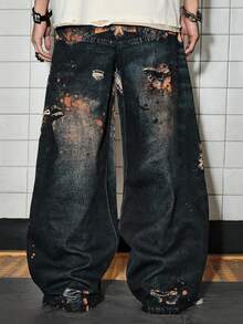 ROMWE MEN Street Life Men's Fashion Design Belted Waist Triple Waistband Printed Jeans - Multicolor - View 3