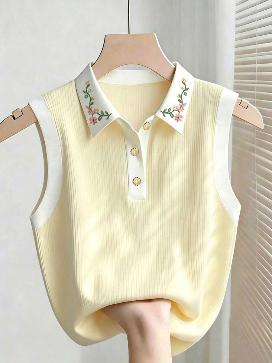 Franclia Women's Soft Cream Floral Polo Collar Sleeveless Tank Top, Colorblock Ribbed Slimming Inner Layer - Multicolor - View 1