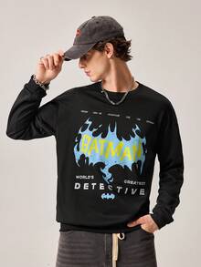 Strevion Men's Casual Batman Blue Flame Print Graphic Crew Neck Long Sleeve Sweatshirt, Spring/Autumn - Black - View 1