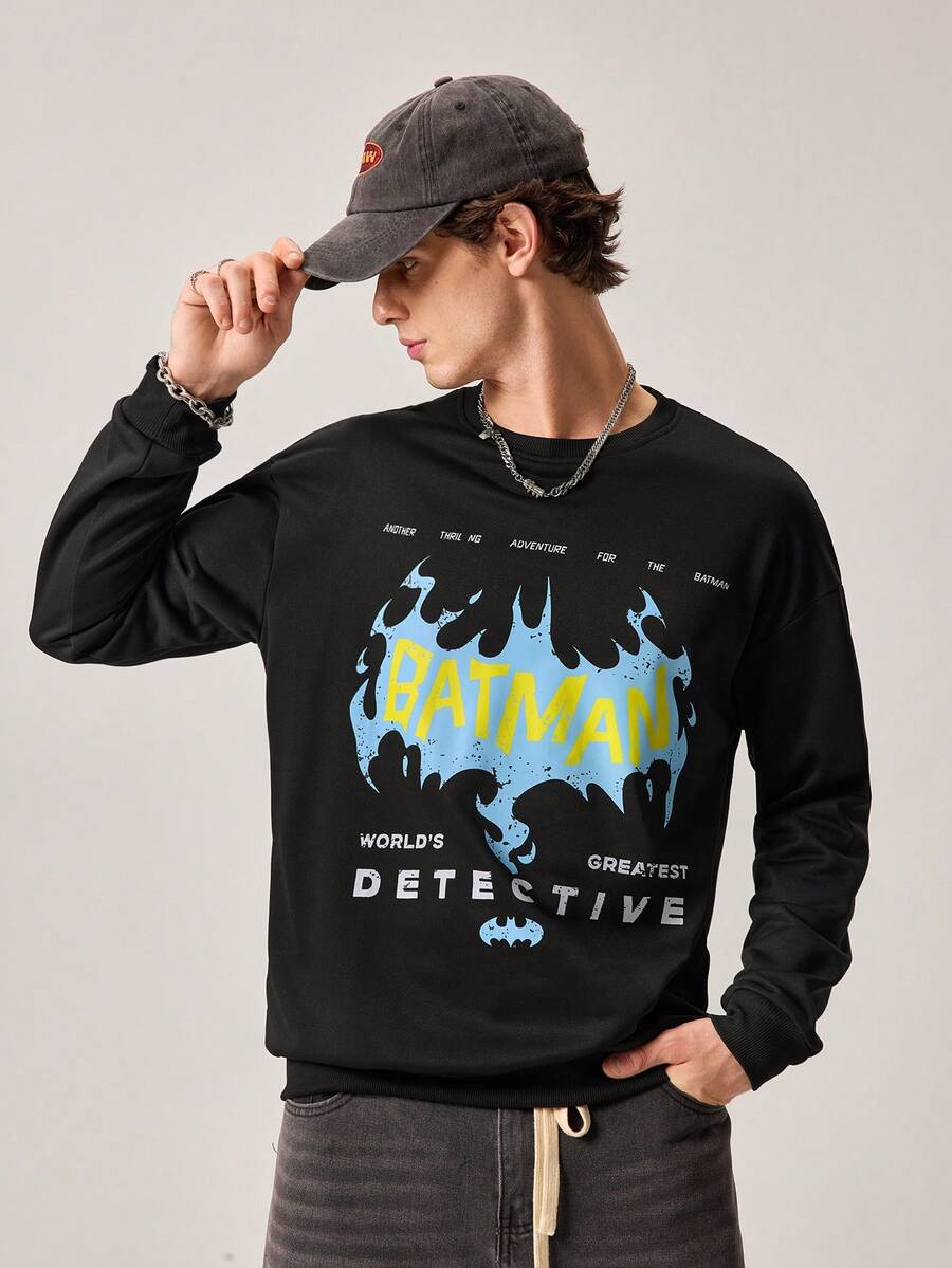 Strevion Men's Casual Batman Blue Flame Print Graphic Crew Neck Long Sleeve Sweatshirt, Spring/Autumn - Black - View 1
