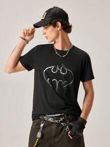 Strevion BATMAN 男士极简主义蝙蝠侠烟雾图案印花圆领短袖T恤，夏季 - 黑色 - 查看 5
