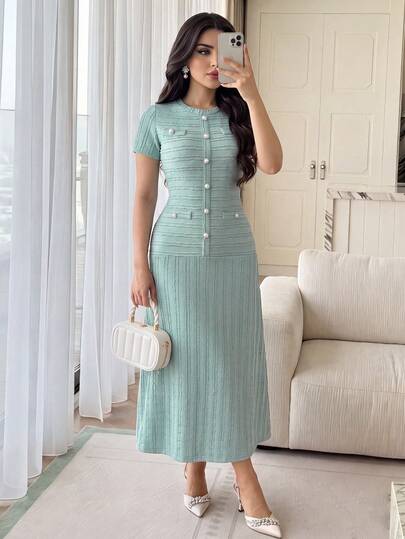 Feyla Neues elegantes lässiges Kleid im französischen Stil mit Rundhalsausschnitt, Kurzarm, tailliert und figurschmeichelnd, für Pendeln und Urlaub