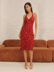 lacRébo Vintage Red Midi Dress With Diagonal Floral Print, Halter Neckline, And Open Back Elegant Style Chic - Red - View 4