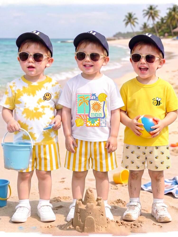 Souflis Souflis 3 Sets Young Boy Casual Vacation Outfit, Animal Pattern Printed Crew Neck Short Sleeve Top And Matching Printed Shorts Combination Set,School Clothes - Multicolor - View 4