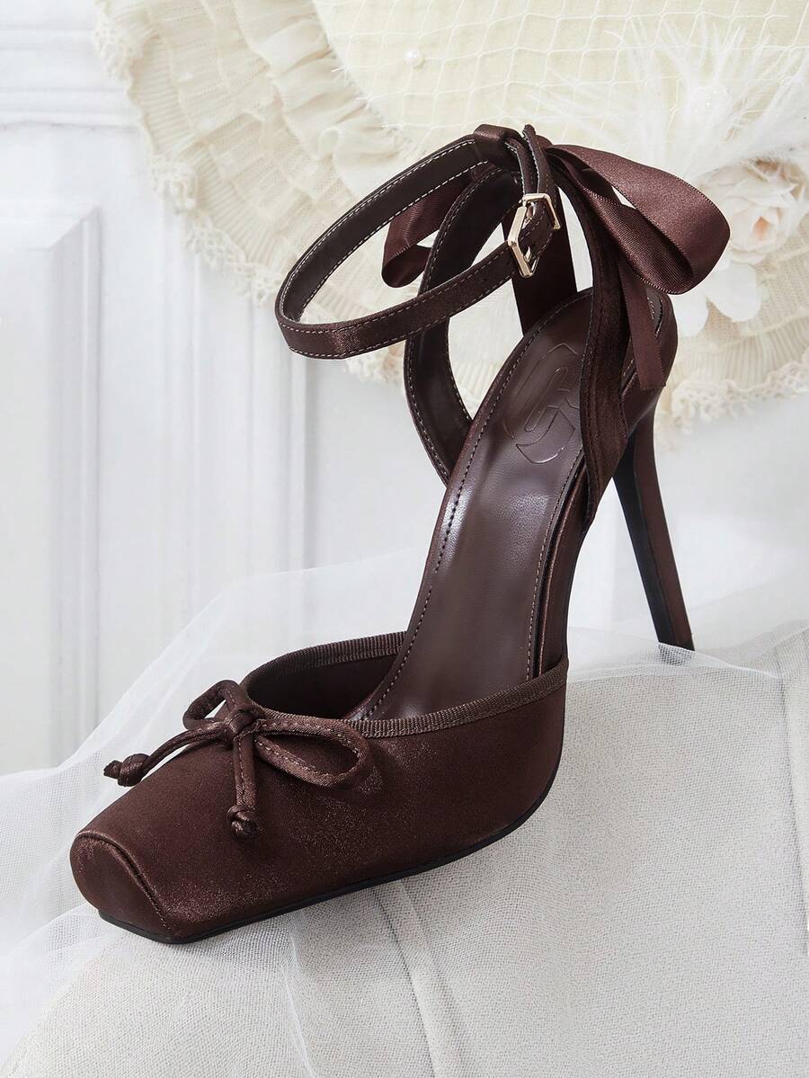CUCCOO HITCHD Women's Fashion New Elegant Coffee Color Satin Closed Toe High Heel Shoes, Suitable For Dating, Commuting, Party, Wedding - Coffee Brown - View 1