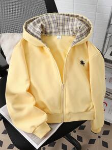 Young Girl Patchwork Plaid Hooded Zip-Up Sweatshirt Autumn Fall - Yellow - View 2