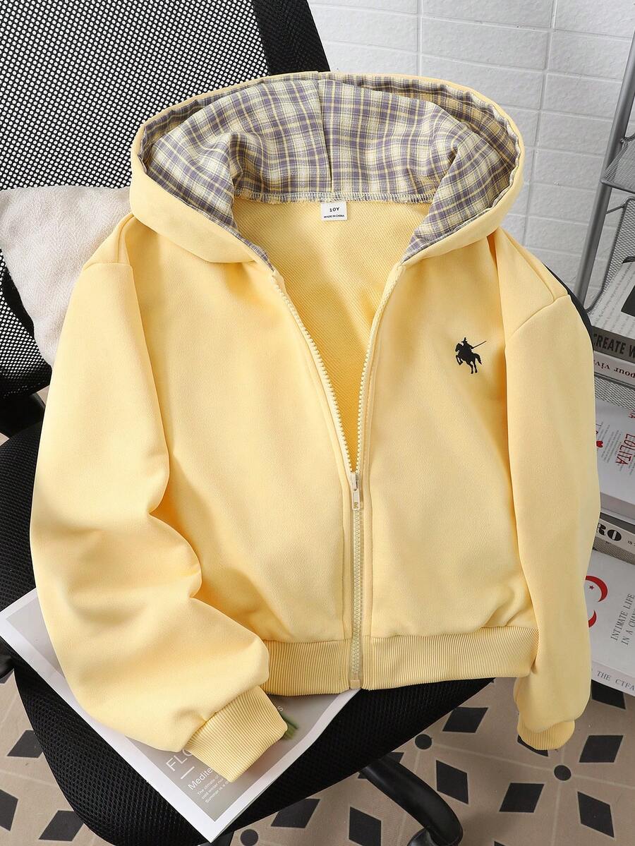 Young Girl Patchwork Plaid Hooded Zip-Up Sweatshirt Autumn Fall