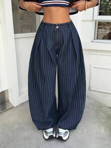 StreetHx Women's Casual Streetwear Washed Blue And White Stripe Curved Leg Jeans Everyday Going Out Summer - Blue - View 3