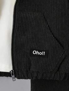 SHEIN 男嬰休閒戶外燈芯絨保暖內裡寬鬆連帽外套與鬆緊腰長褲套裝 - 黑色 - 查看 3