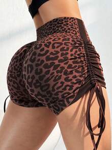 SHEIN Velisys 2件組女款無縫性感豹紋抽繩側邊跑步健身訓練瑜伽戶外3/4長運動短褲套裝 - 彩色 - 查看 5
