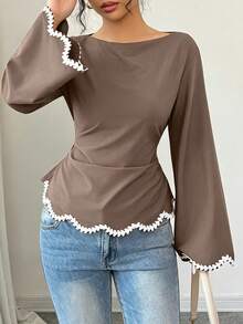 Elenzga Women's Spring/Summer 1pc Positioned Wavy Heart-Shaped Woven Ribbon Lace Trim Ruched Waist Blouse - Mocha Brown - View 5