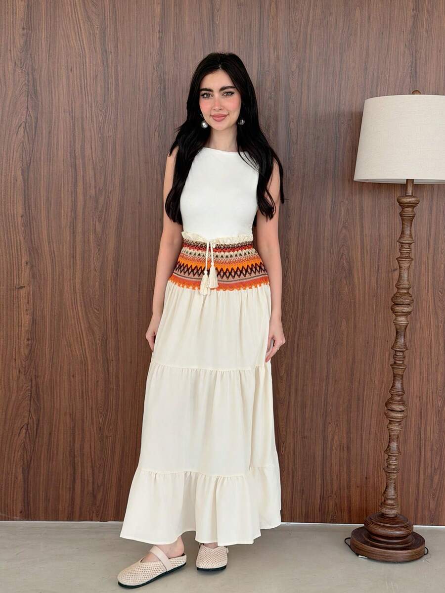 Yasmeen Edit Yasmeen Edit Women's Summer Spring Beach Holiday Bohemian Beige Patchwork Heterogeneous Frill Waist Drawstring Fringe Trim Long Skirt - Multicolor - View 1