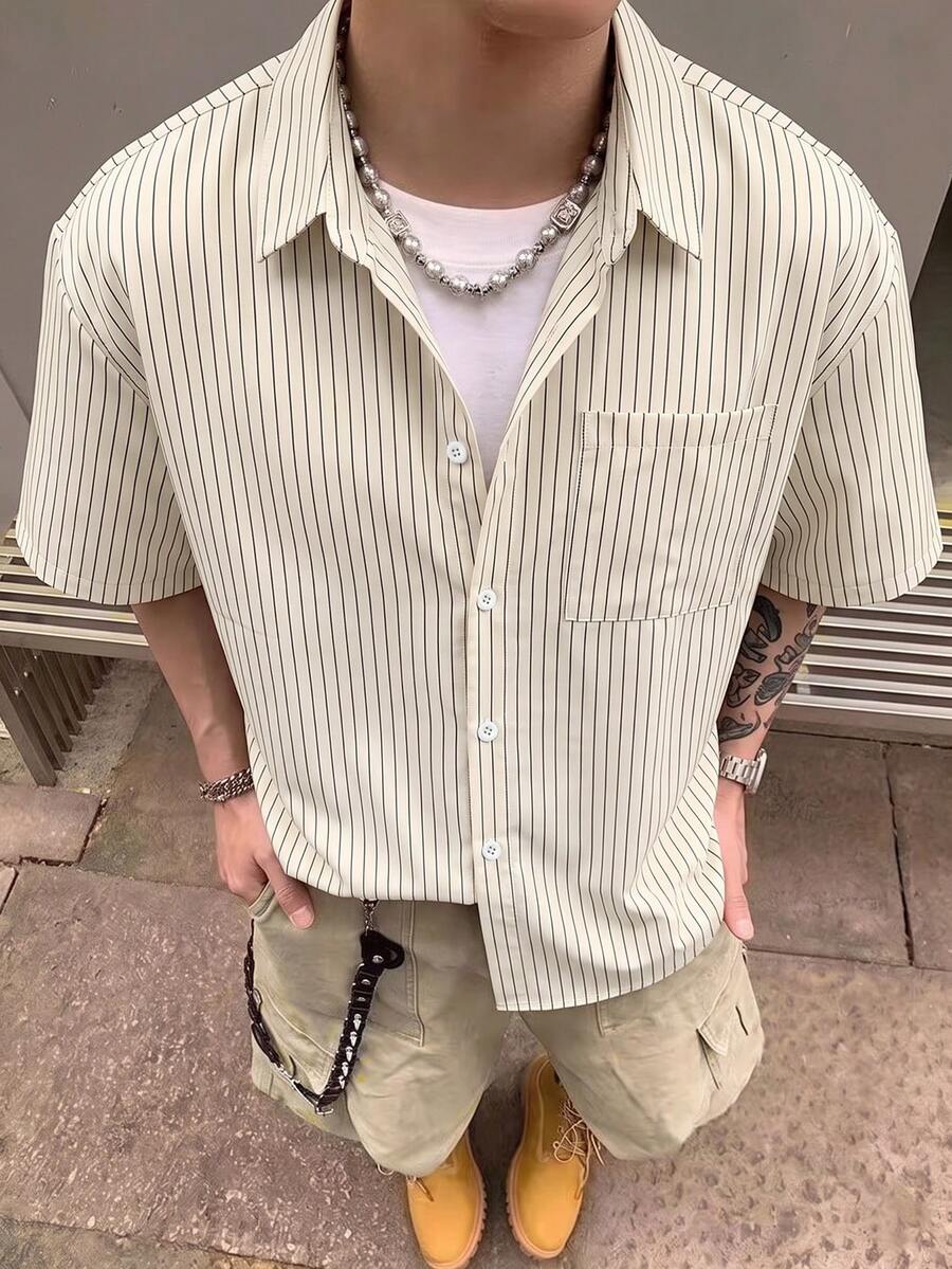STEELVANCE 男士條紋梭織短袖襯衫,單口袋經典款,適合正式或休閒場合,休閒度假、聚會、簡約辦公、居家穿搭,適合自穿或送禮給朋友,熱銷舒適面料襯衫 - 彩色 - 查看 1