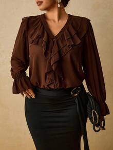 Travachic Plus Size Women's Chiffon Printed Long Sleeve Shirt, Leopard Print Ruffle Blouse - Brown - View 7