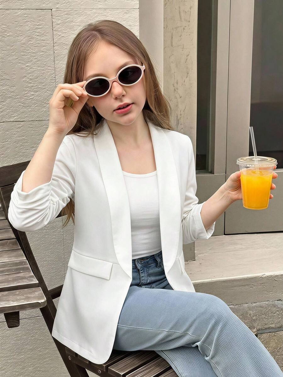 SHEIN 兒童青少年女孩優雅學院風休閒時尚純白色條紋披肩領抽褶七分袖西裝外套,適合秋季返校 - 白色 - 查看 1