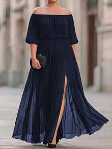 Velvienne Plus Size Women's Woven Regular Fit Summer Beach Vacation Casual Minimalist Blue & White Square Print Spaghetti Strap Cinched Waist Dress - Navy Blue - View 2