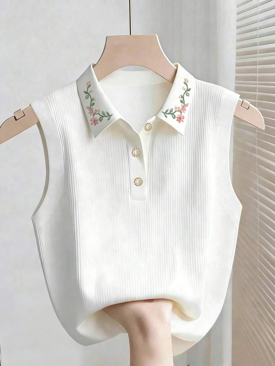 Franclia 女款溫柔花卉印花無袖背心,冰絲直條紋珍珠鈕扣 Polo 領修身內搭上衣 - 彩色 - 查看 1