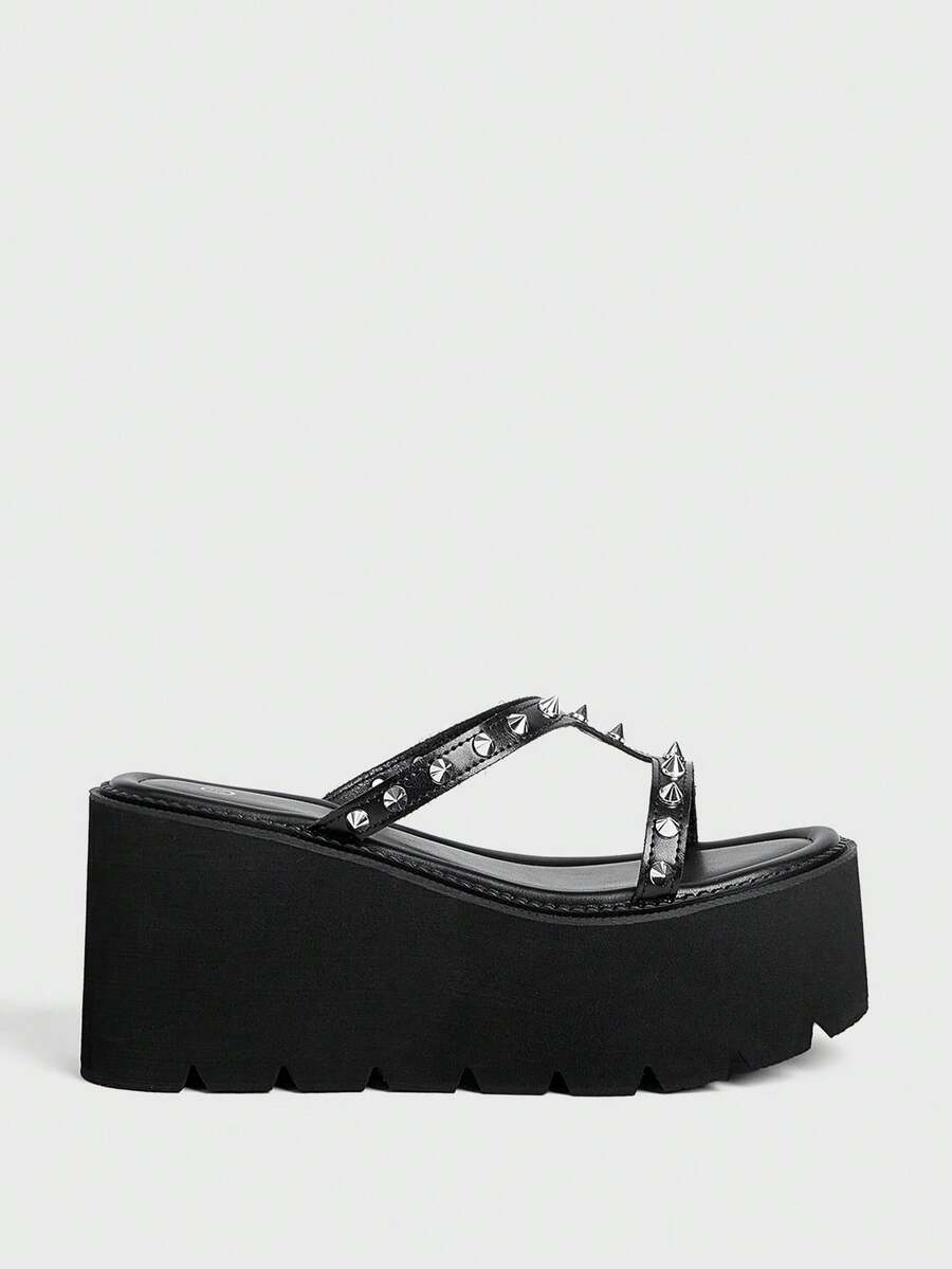 Sugerpunk Damen Sexy Mode Keilabsatz Plateau Sandalen Punk Goth Dunkel Cut Out Nieten Babes Nachtclub Party Damenschuhe - Schwarz - Übersicht 1