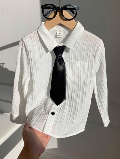 Áo sơ mi trắng kèm cà vạt cho bé trai nhỏ, áo sơ mi trắng tay dài phong cách preppy casual đa năng, áo sơ mi bé trai, đồng phục tựu trường