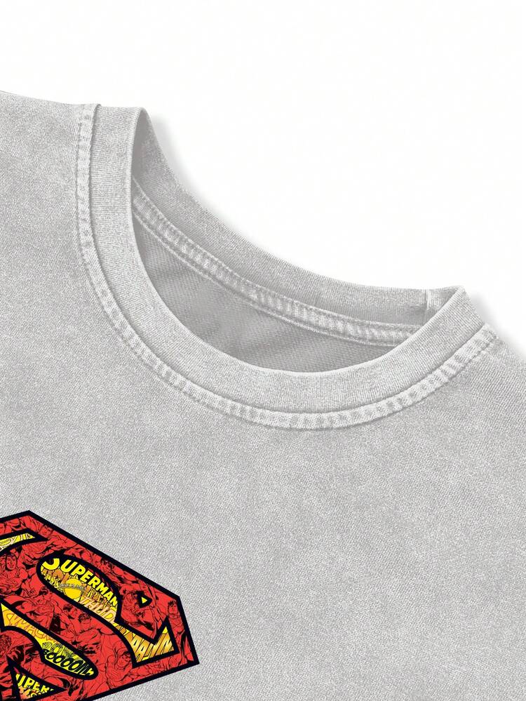 SUPERMAN X SHEIN TOKVUE Camiseta sin mangas holgada casual con cuello redondo y estampado de letras para hombre, verano, vacaciones - Gris - Añade 5