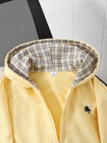 Young Girl Patchwork Plaid Hooded Zip-Up Sweatshirt Autumn Fall - Yellow - View 4