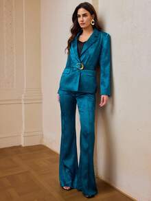 ZEYLAH Women's Elegant Party Jacquard Jacket & Pants 2 Pieces Set - Blue - View 5