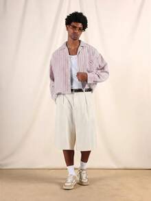 SUMWON Cropped Fit Linen Feel Striped Resort Shirt With Camp Collar, Chest Pocket, And Logo Patch - Baby Pink - View 5