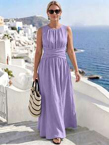 SHEIN LUNE CURVE Plus Size Women Solid Color Pleated Casual Daily Summer Travel Dress - Mauve Purple - View 4