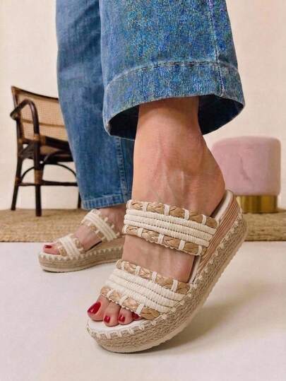 Sandalias de cuña con plataforma tejidas con yute, de estilo bohemio para mujer, con detalles de rayas de rafia y diseño de punta abierta. Cómodas sandalias perfectas para un look casual